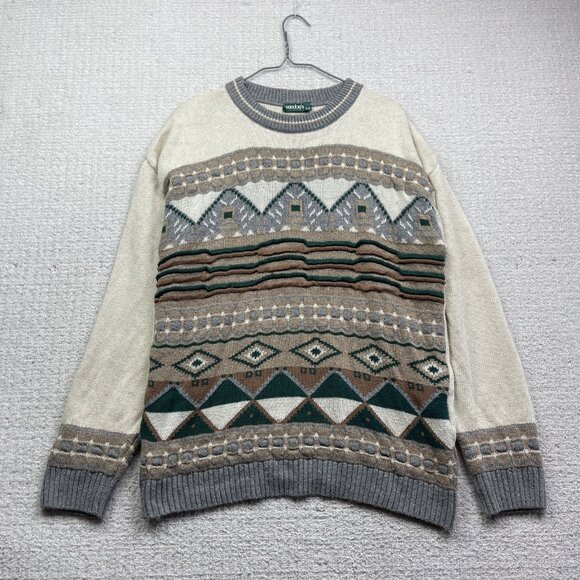 VTG Sunday's Men S Sweater Off-White / Green 3D Knit Wool Blend Canada Made - Picture 1 of 15